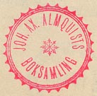 Johan Axel Almquist's Boksamling, Stockholm, Sweden (inkstamp, 21mm dia.).