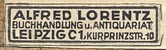 Alfred Lorentz, Buchhandlung u. Antiquariat, Leipzig [Germany] (26mm x 6mm, ca.1940)